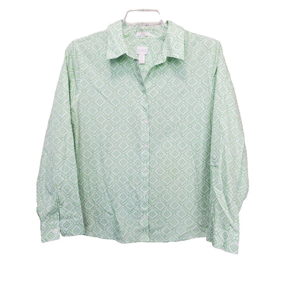 Chico's No-Iron Cotton Green Geo Print Roll-Tab Sleeve Button-Up Shirt Sz 3 (XL)